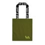 A khaki green tote with graphic typographic handle reading "V&A EAST" - branded for the new V&A EAST Museum and Storehouse
