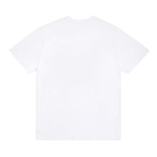 The back of a white relaxed-fit unisex t-shirt.