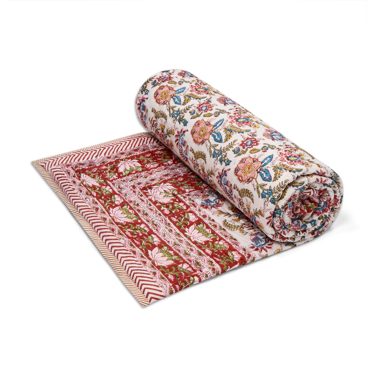 Red hand-printed cotton quilt