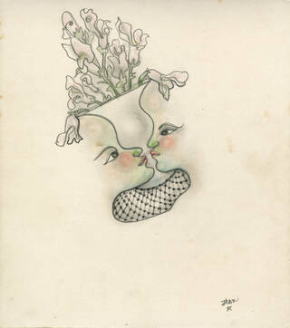 Surreal drawing of either two faces facing each other or a vase filled with flowers